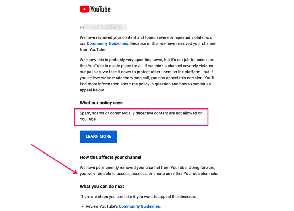 youtube channel terminated for spam content